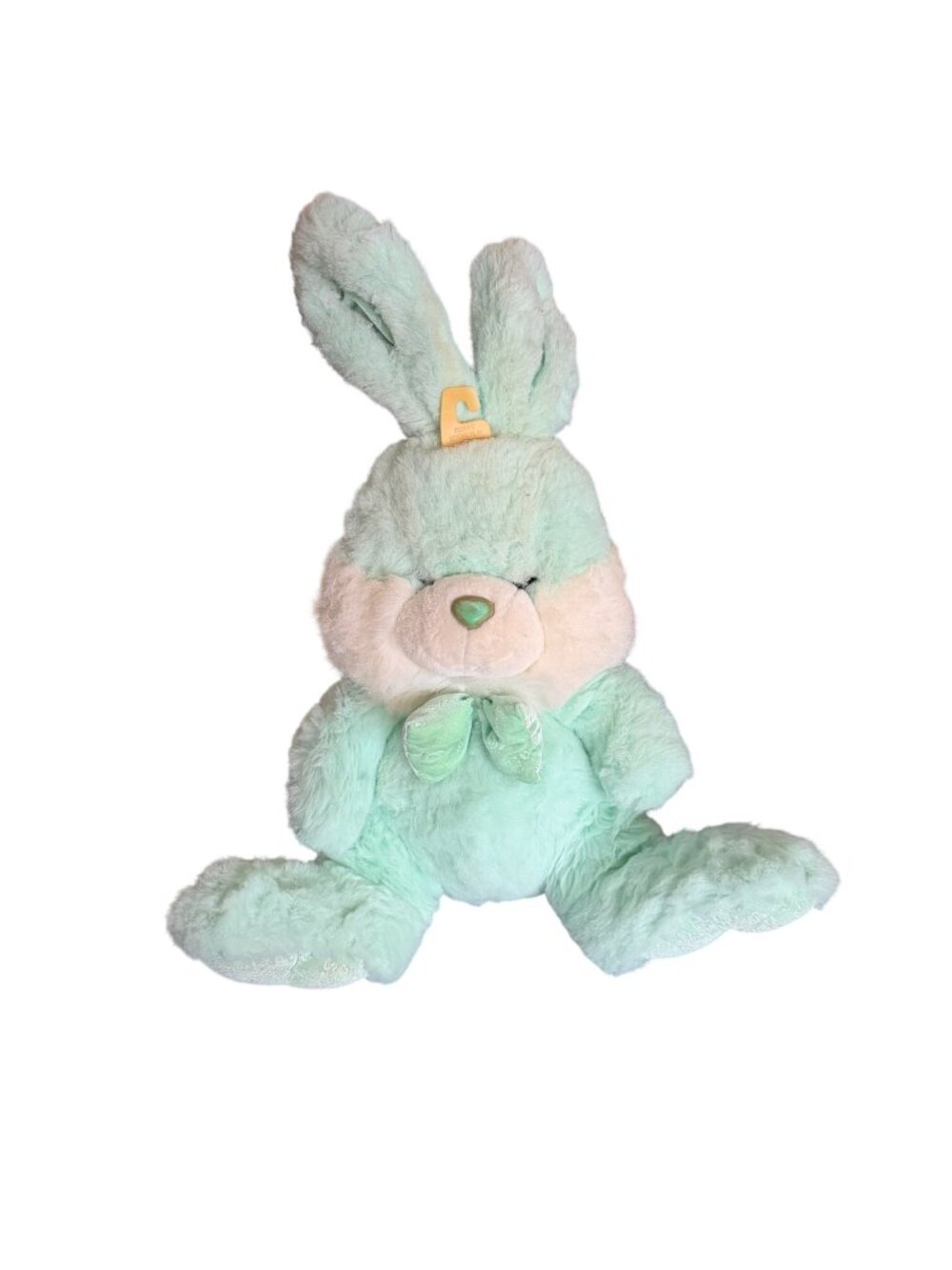 Vintage Mint Green Plush Bunny With Bow & Embroidered Ears - Soft Stuffed Animal